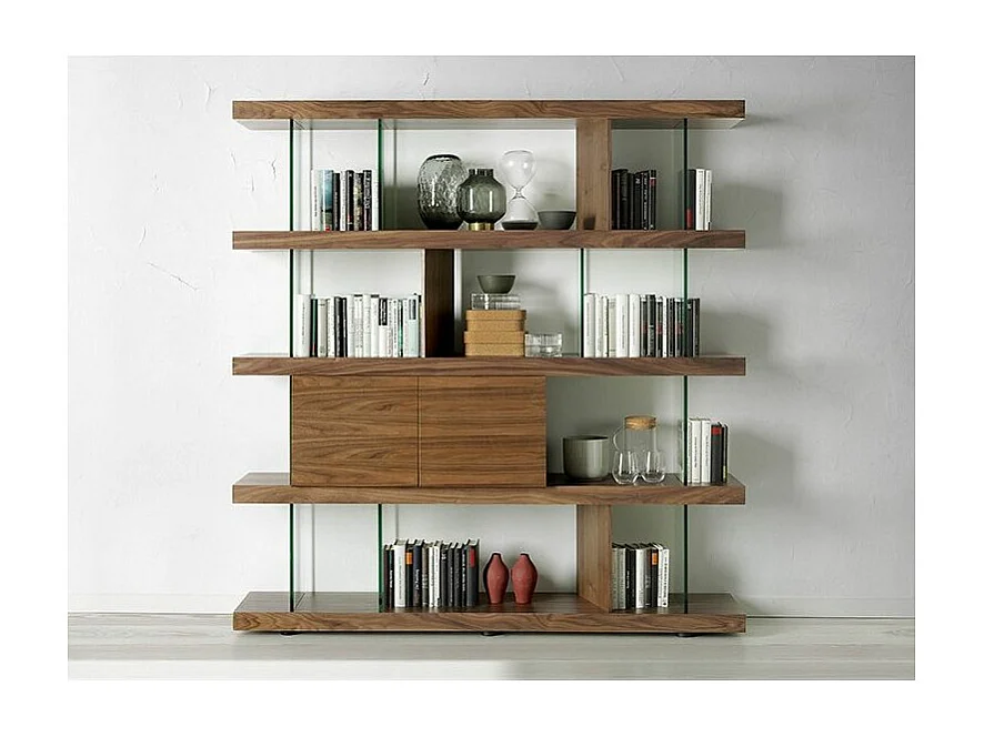 Etagère 4 niveaux bois noyer avec tiroirs et verre trempé Juno