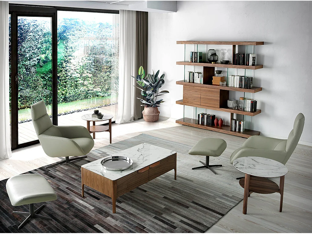 Etagère 4 niveaux bois noyer avec tiroirs et verre trempé Juno