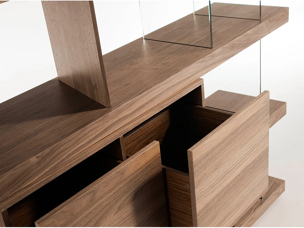 Etagère 4 niveaux bois noyer avec tiroirs et verre trempé Juno