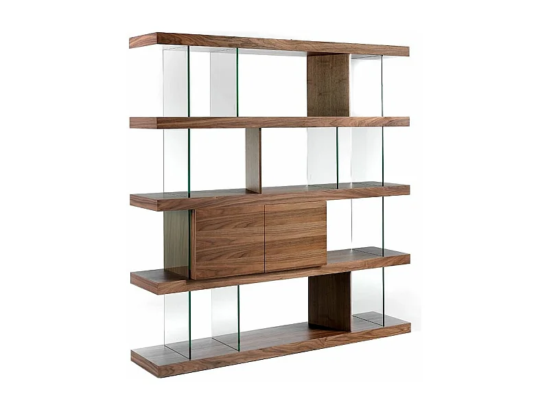 Etagère 4 niveaux bois noyer avec tiroirs et verre trempé Juno