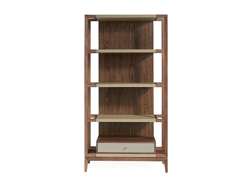 Plank met 4 niveaus en 1 lade in walnoot en gelakt hout Muza-Kleur Zwavel