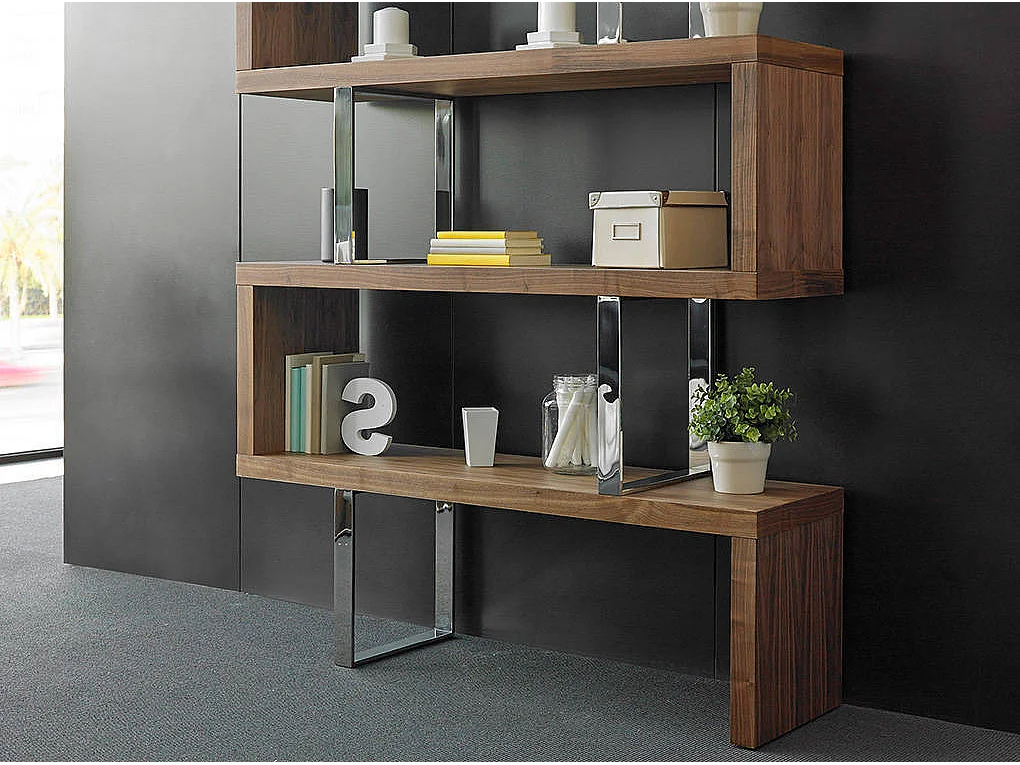 Etagère placage noyer et acier chromé 3 niveaux Hady 130cm