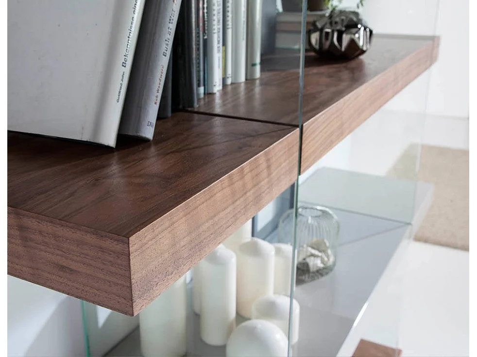 Etagère bois plaqué noyer et verre trempé 4 niveaux Boby