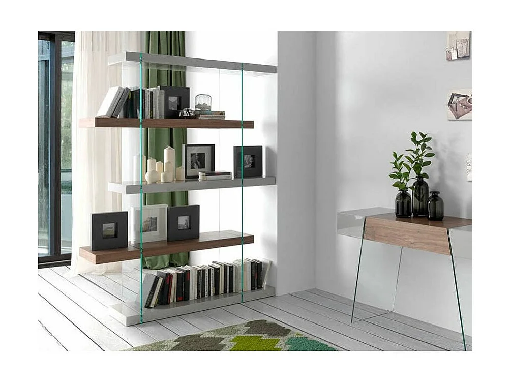 Etagère bois plaqué noyer et verre trempé 4 niveaux Boby