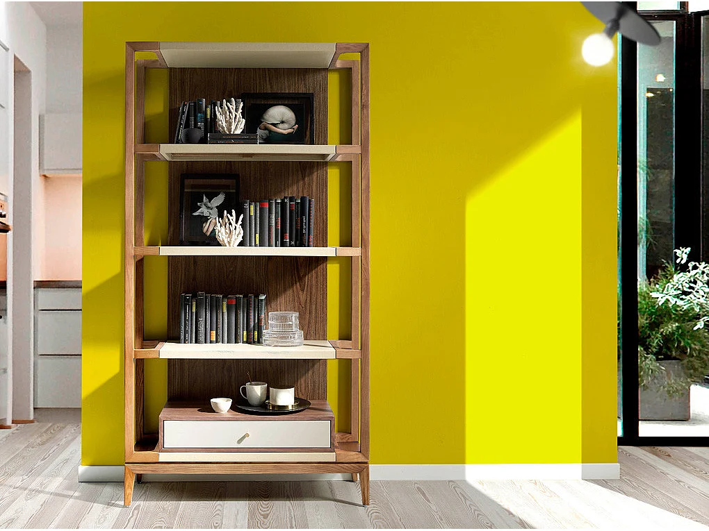 Plank met 4 niveaus en 1 lade in walnoot en gelakt hout Muza-Kleur Rood