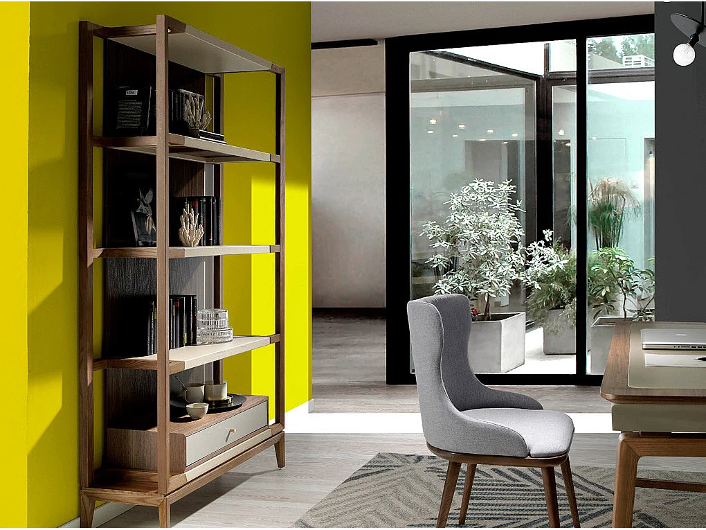 Étagère 4 niveaux et 1 tiroir bois noyer et laqué Muza-Couleur Blanc