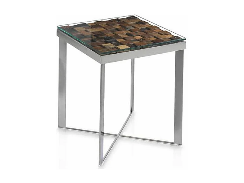 Table d'appoint carrée bois recyclé et pieds acier inoxydable Makazy