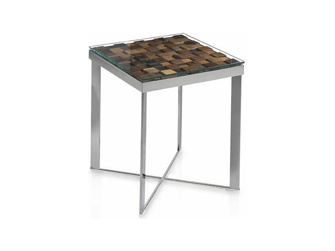 Table d'appoint carrée bois recyclé et pieds acier inoxydable Makazy