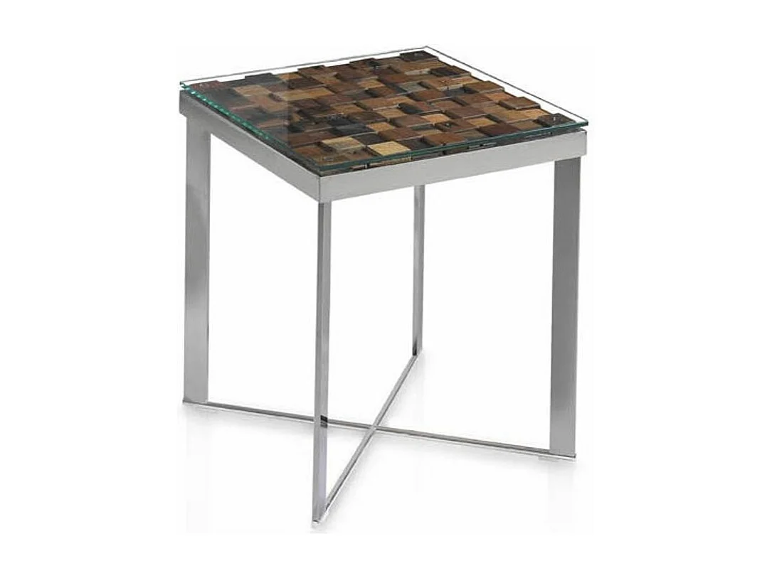 Table d'appoint carrée bois recyclé et pieds acier inoxydable Makazy
