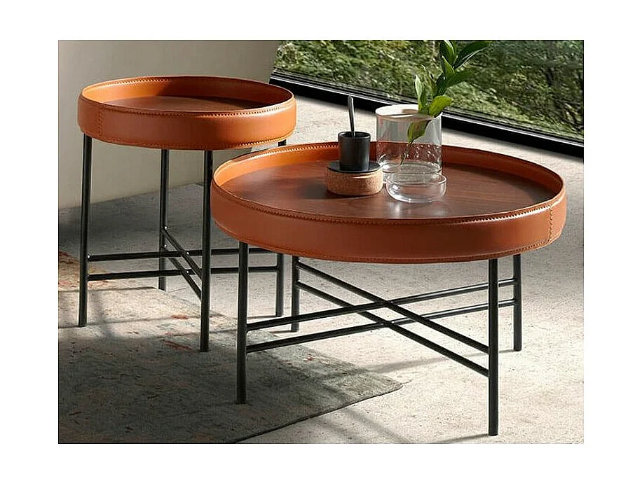 Table d'appoint rond en bois de noyer marron clair et noir Liza
