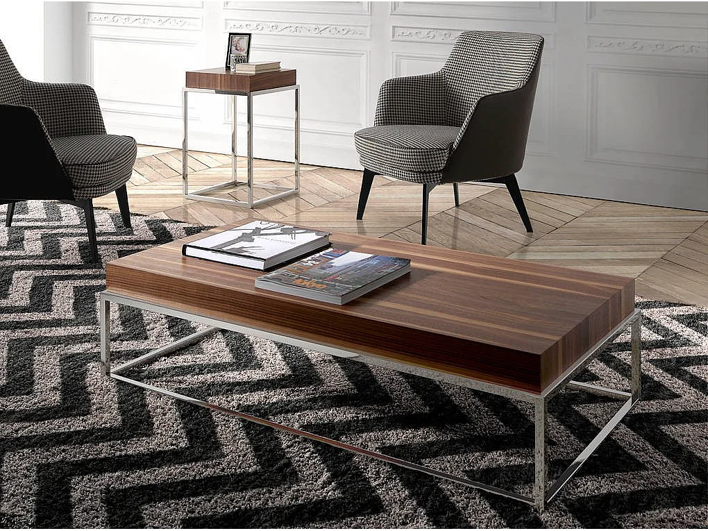 Table d'appoint carrée bois plaqué noyer et acier inoxydable Gucca