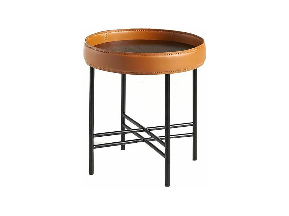 Table d'appoint bois de noyer et cuir marron clair et noir Liza