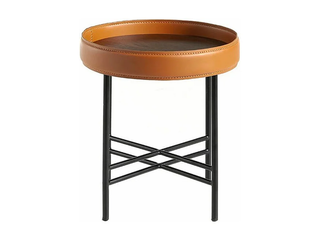 Table d'appoint bois de noyer et cuir marron clair et noir Liza