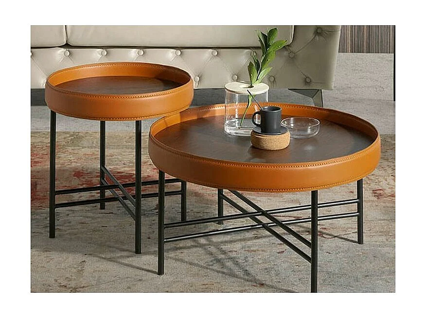 Table d'appoint bois de noyer et cuir marron clair et noir Liza