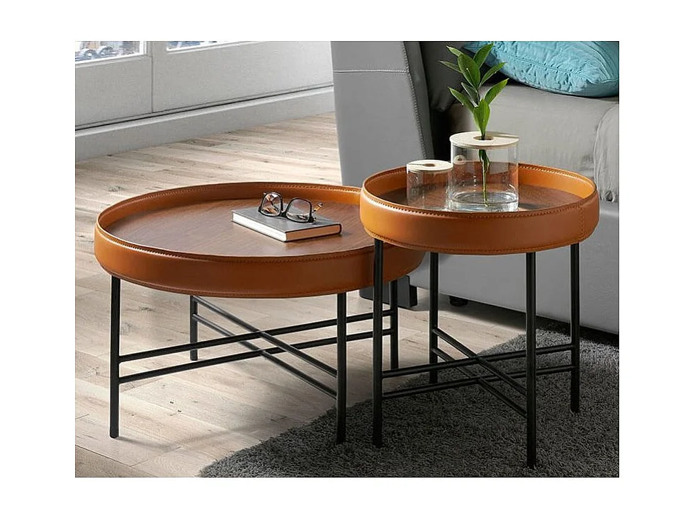 Table d'appoint bois de noyer et cuir marron clair et noir Liza