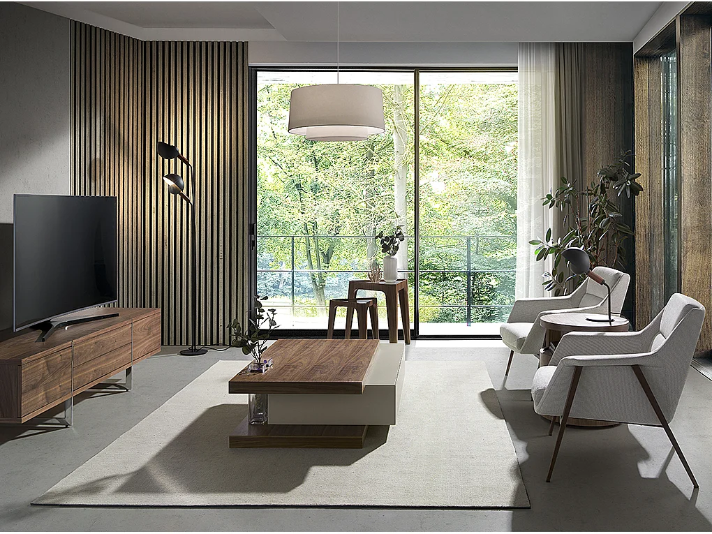 Naty driehoekige bijzettafel in walnoothout en gehard glas