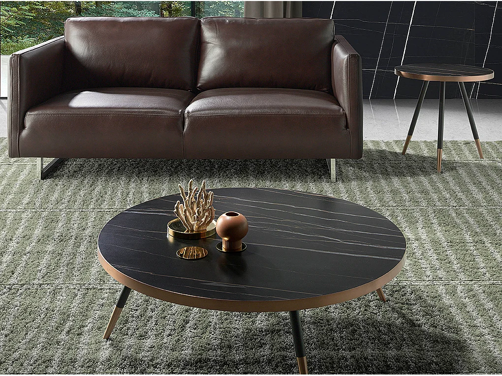 Table d'appoint porcelaine marbré et pieds acier bicolore Madé