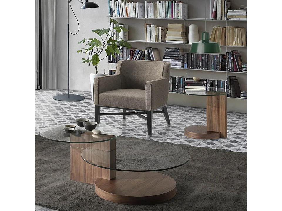 Table d'appoint ronde bois noyer et plateau verre trempé Lona