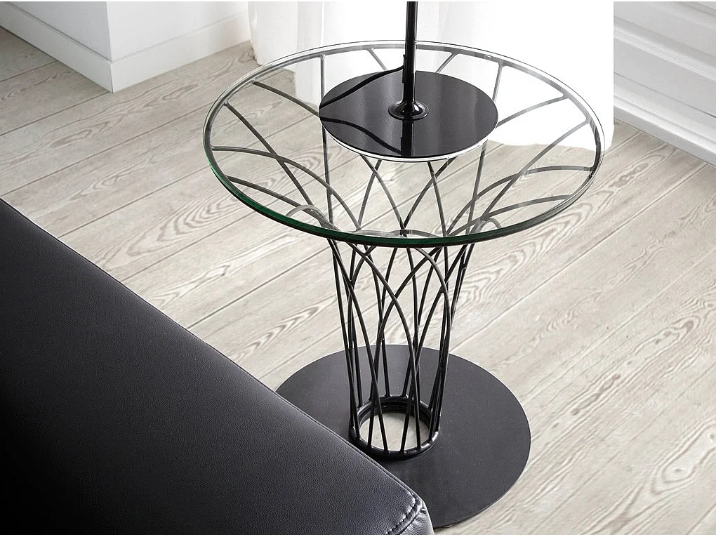 Table d'appoint ronde aronde plateau verre trempé et acier noir Pilya