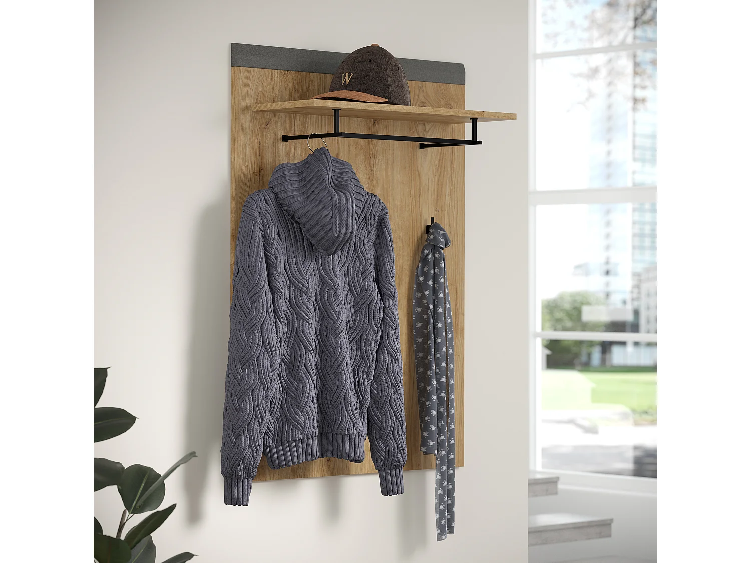 Porte manteaux chêne de Navarre et feutre gris foncé Florence 79cm