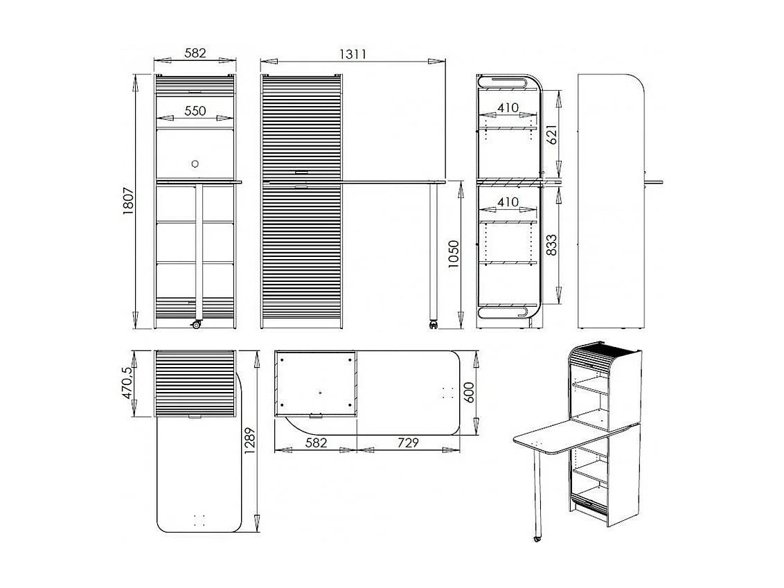 Table haute de cuisine pivotante et rangement gris et blanc Snack 131cm