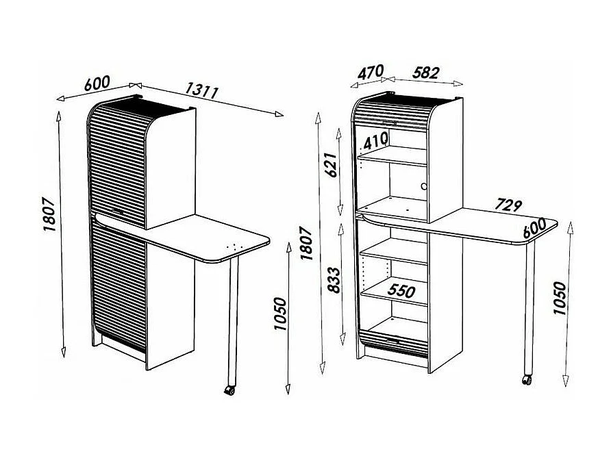Table haute de cuisine pivotante et rangement gris et blanc Snack 131cm