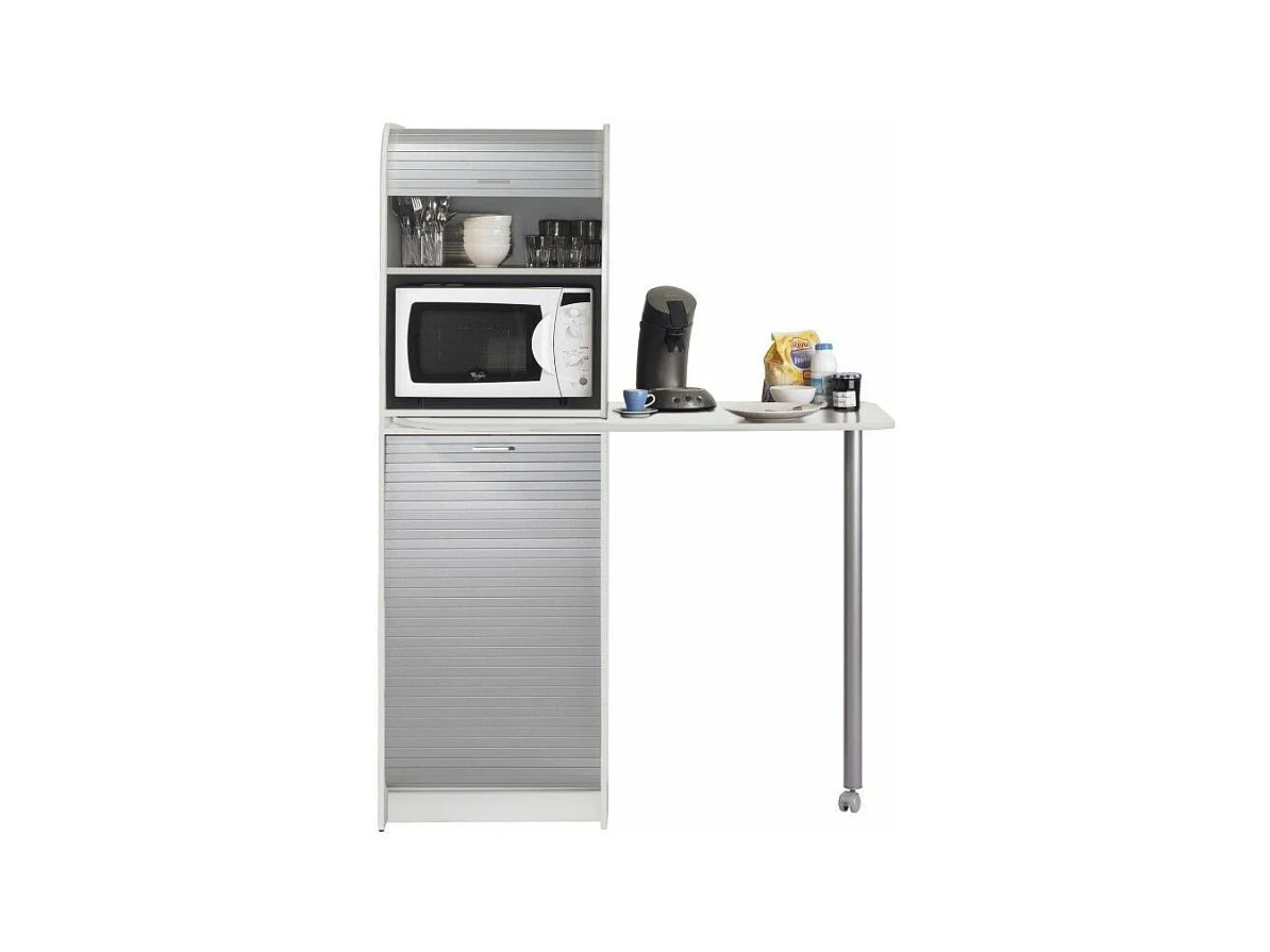 Table haute de cuisine pivotante et rangement gris et blanc Snack 131cm