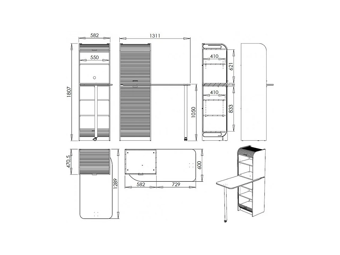 Hoge draaibare keukentafel en grijs-witte opberger Snack 131 cm