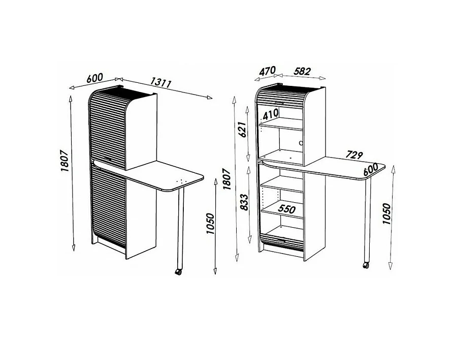 Hoge draaibare keukentafel en grijs-witte opberger Snack 131 cm