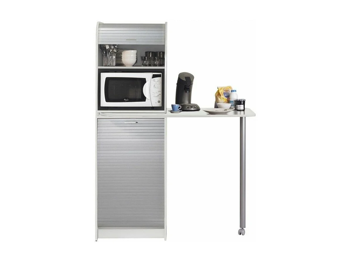 Table haute de cuisine pivotante et rangement gris et blanc Snack 131cm