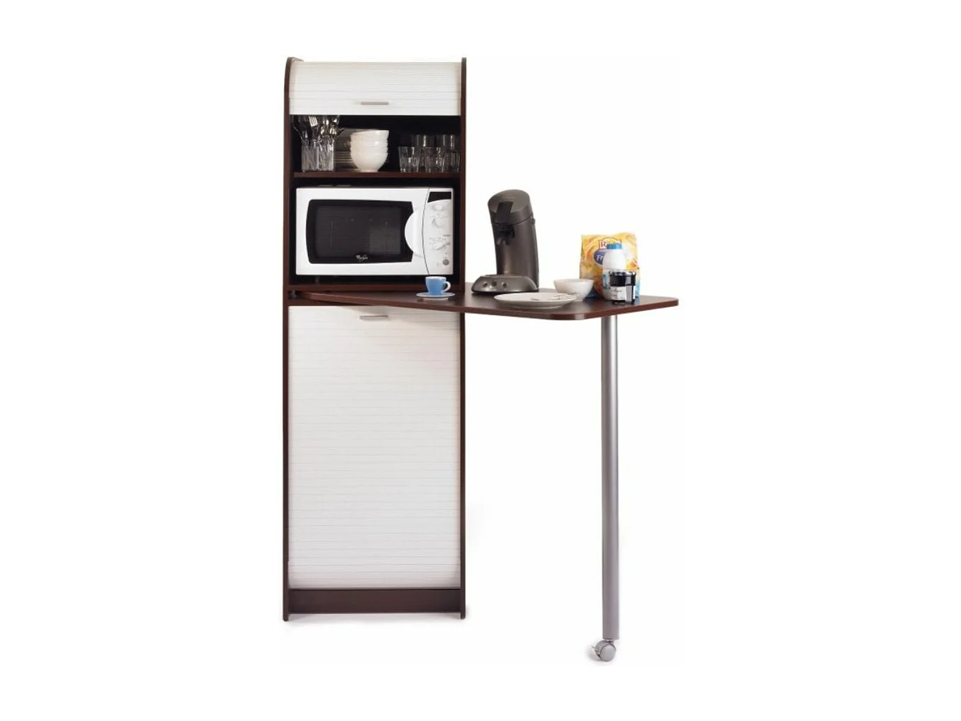 Table haute de cuisine pivotante et rangement bois wengué et blanc Snack 131cm