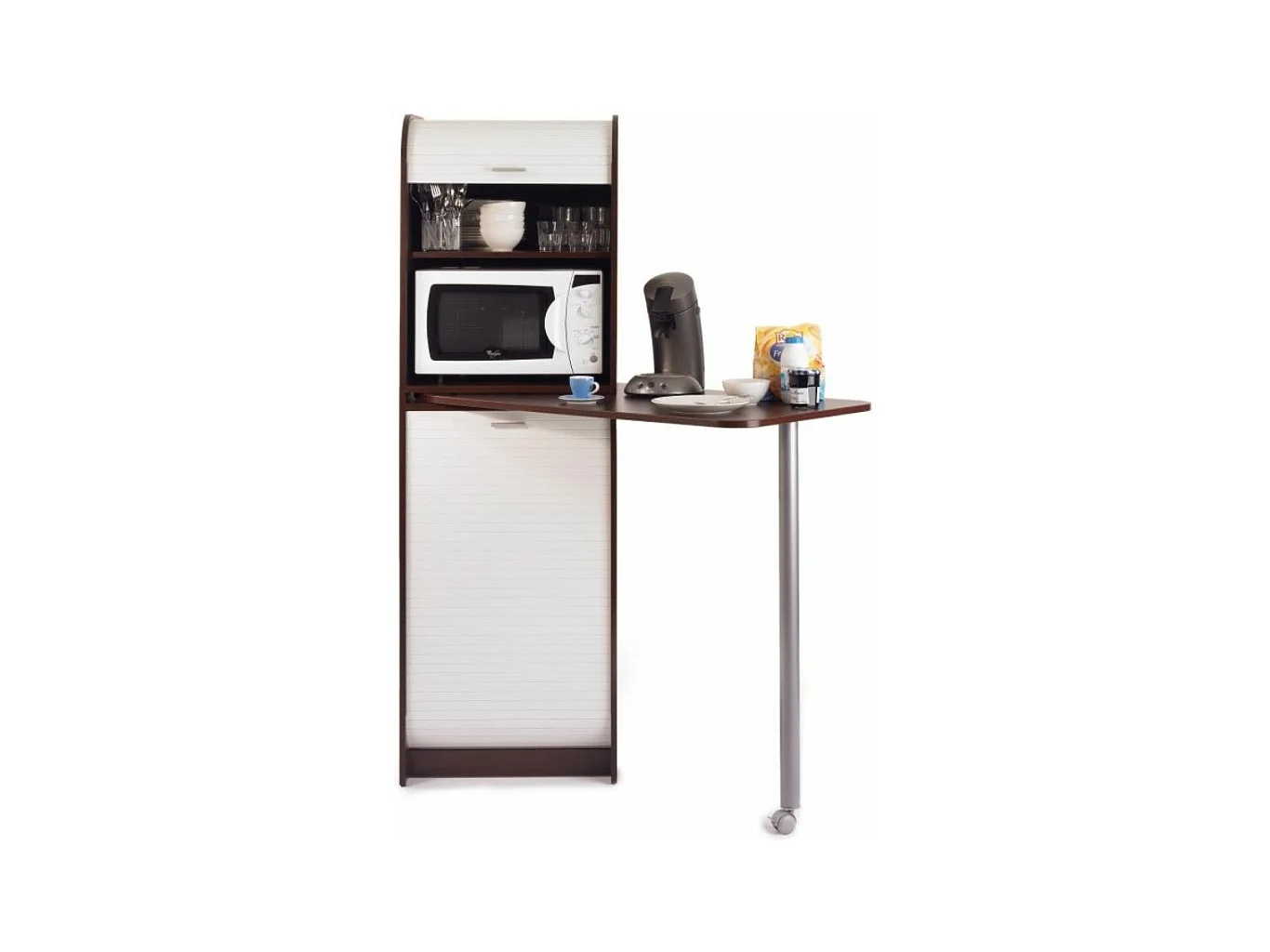 Table haute de cuisine pivotante et rangement bois wengué et blanc Snack 131cm
