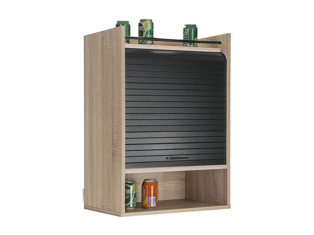 Meuble de rangement haut à rideau 3 niches chêne naturel et noir Lohan 54cm