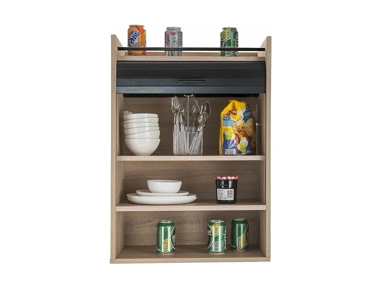 Meuble de rangement haut à rideau 3 niches chêne naturel et noir Lohan 54cm