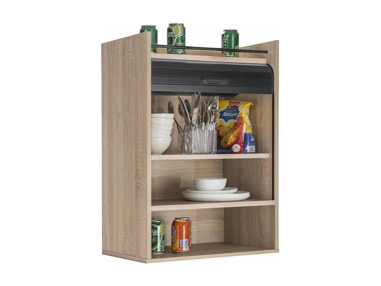 Meuble de rangement haut à rideau 3 niches chêne naturel et noir Lohan 54cm
