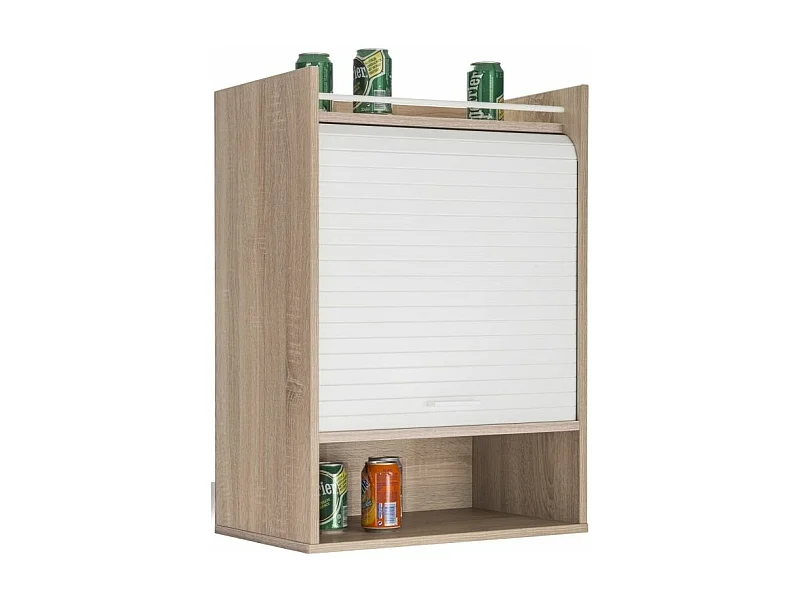 Meuble de rangement haut à rideau 3 niches chêne naturel et blanc Lohan