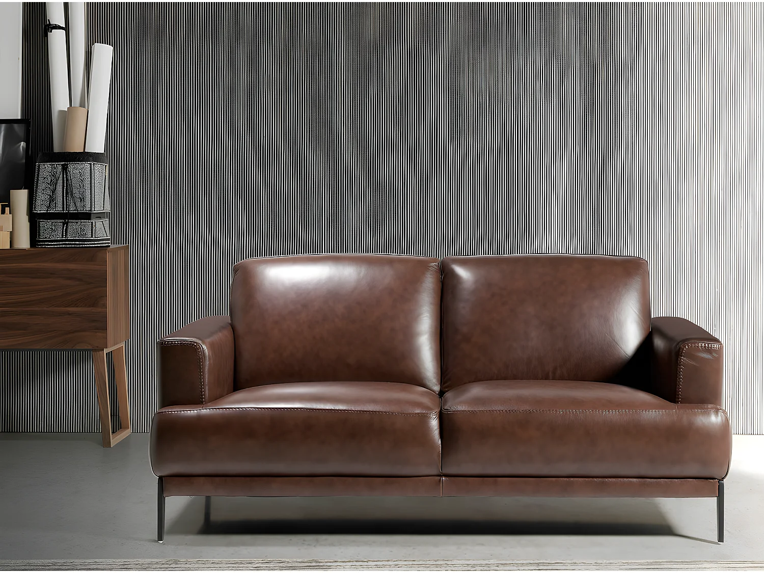 Canapé 2 places cuir et pieds acier noir inoxydable noir Yaro-Couleur Cuir Piel burdeos