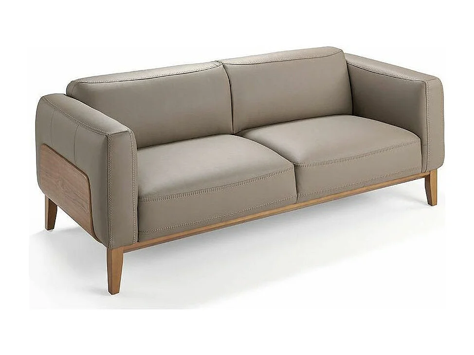 Canapé 3 places cuir taupe et pieds bois pin Kina-Couleur Cuir Piel mostaza