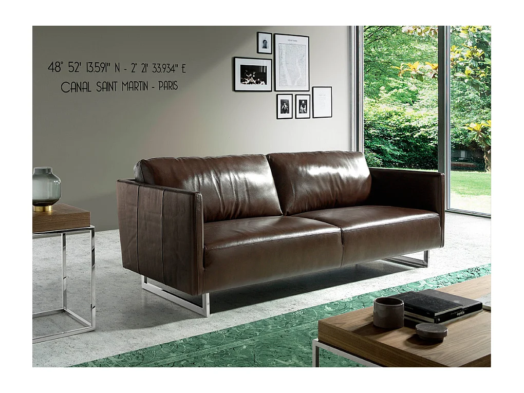 3-zitsbank in rundleer en RVS chroomstalen poten Miro-Kleur Nerts leer