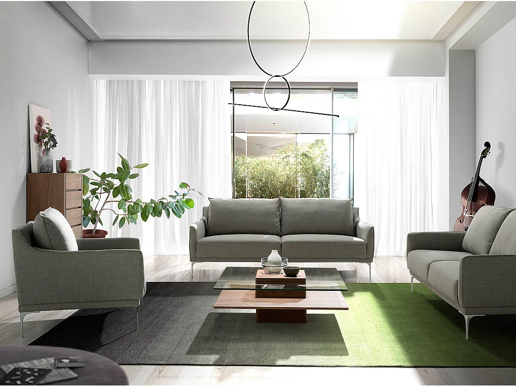 Designer 3-zitsbank lichtgrijze stof en chroomstaal Kira