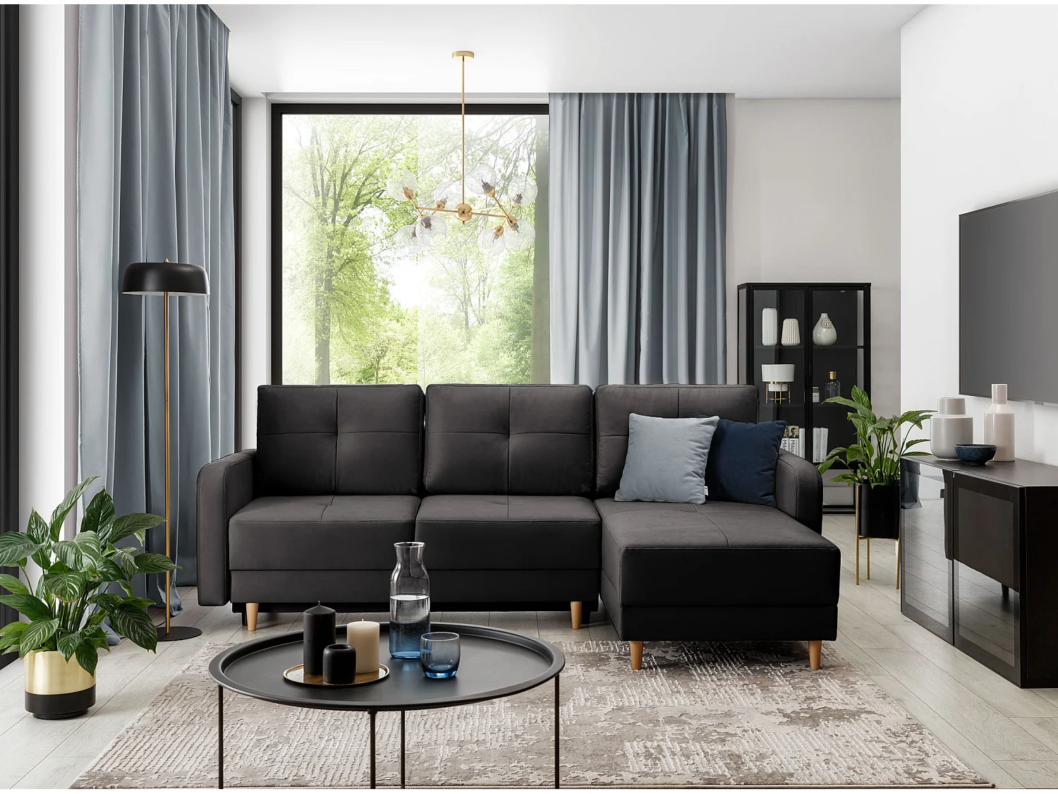 Canapé d’angle réversible convertible KINDO en tissu avec pieds en bois clair – 240cm-Anthracite