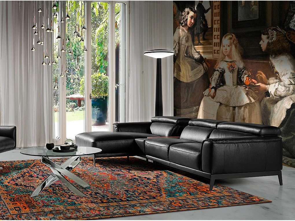 Canapé d'angle gauche cuir noir et pieds acier inoxydable Alavy