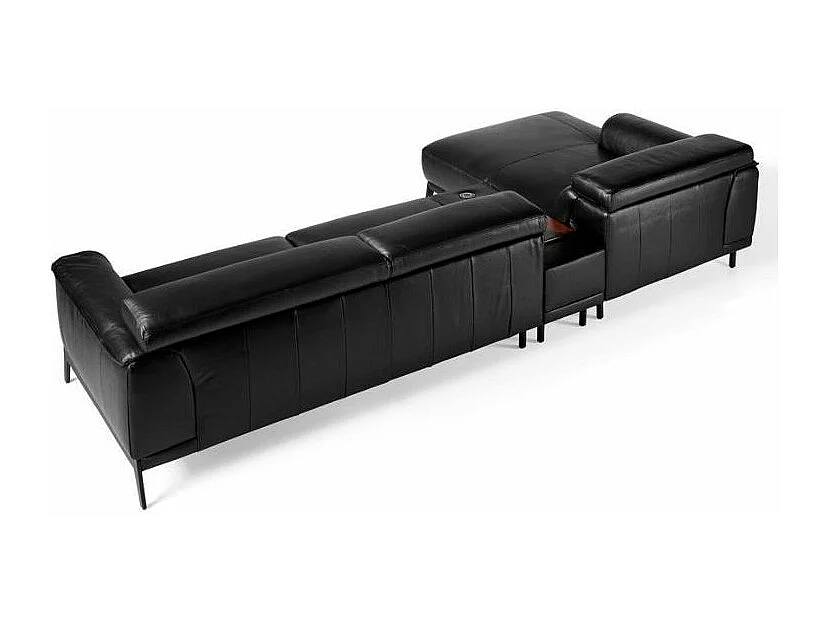 Canapé d'angle gauche cuir noir et pieds acier inoxydable Alavy