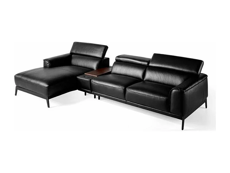 Canapé d'angle gauche cuir noir et pieds acier inoxydable Alavy