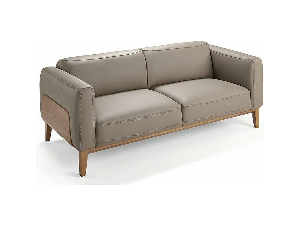 3-zitsbank in taupe leer en grenenhouten poten Kina-Kleur Antraciet Piel-leer