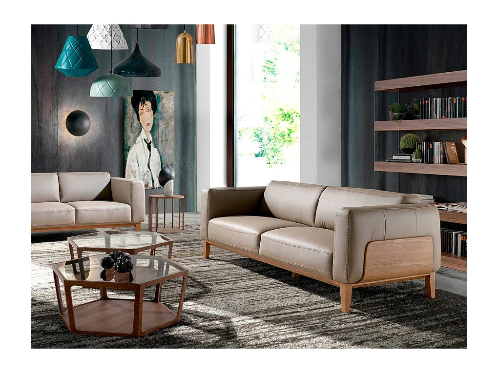 3-zitsbank in taupe leer en grenenhouten poten Kina-Kleur Antraciet Piel-leer