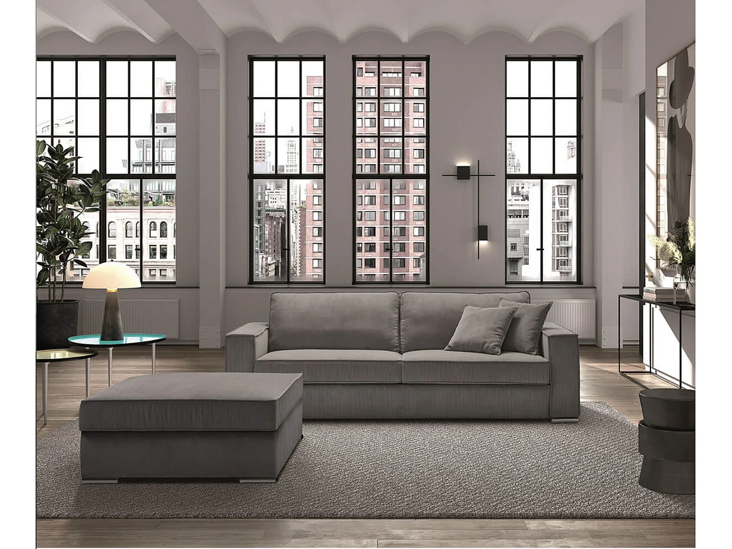 Canapé fixe velours côtelé avec 2 Coussins Kleman-Couleur Blanc-3 places