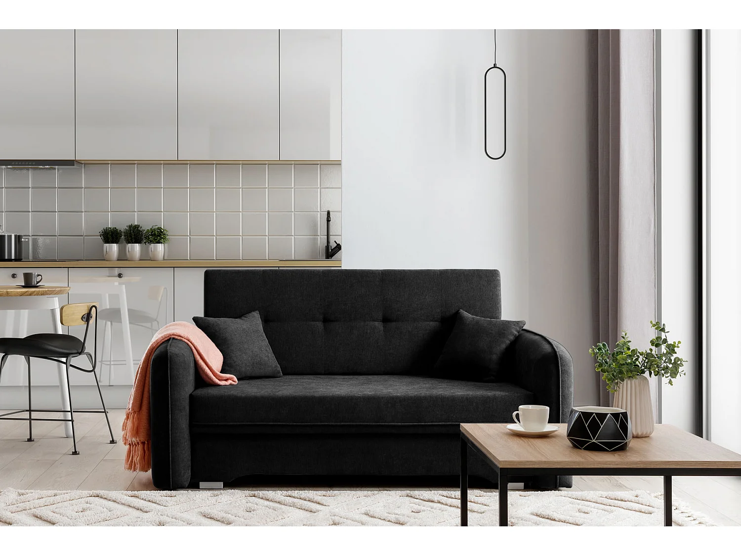 Petit canapé convertible original tissu noir Lany 155cm