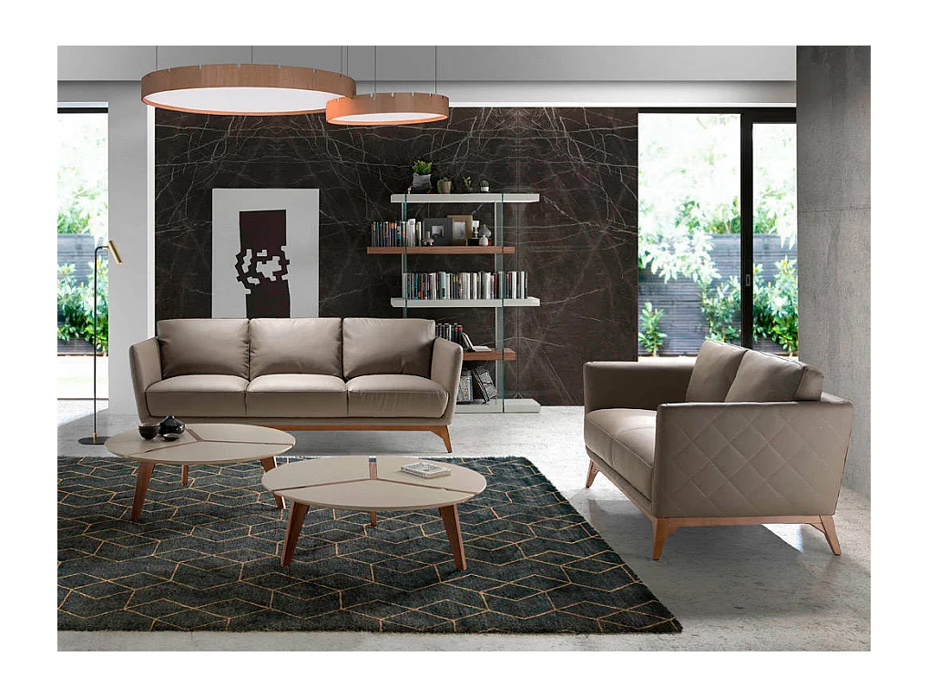 Canapé 2 places contemporain cuir capitonné et bois noyer Kila-Couleur Aqua 11 Camel