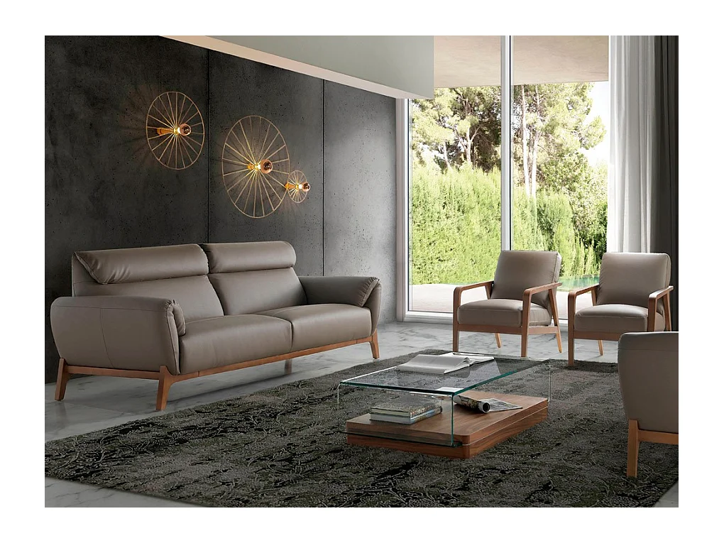 Canapé 2 places contemporain capitonné bois noyer et cuir Bima-Couleur Aqua 82 Taupe